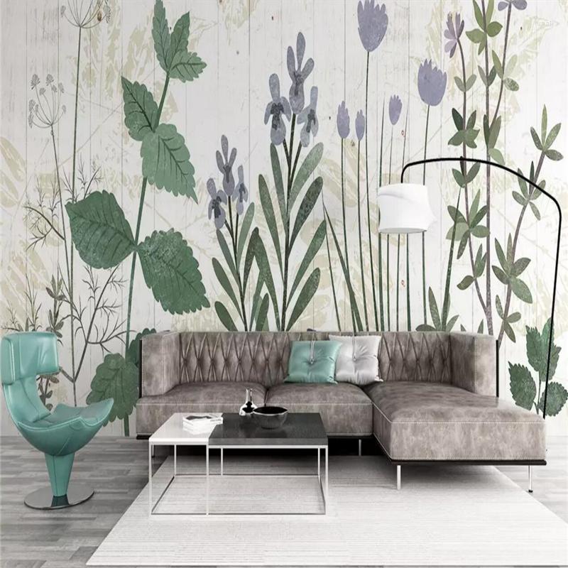 壁紙北欧の手描きの植物と花現代のシンプルなスタイルのテレビ背景壁絵画装飾