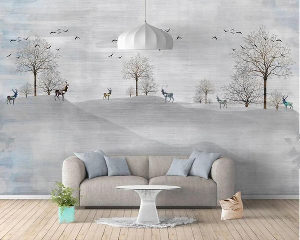 Fonds d'écran Nordic Minimal Elk Flying Birds Forest Papier peint personnalisé Salon TV Toile de fond Canapé Mur Chambre Murales Papel De Parede