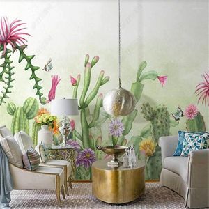 Fonds d'écran Papier peint mural nordique pour salon petit cactus frais plantes de jardin vert intérieur TV fond papier peint décor à la maison