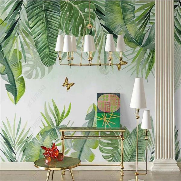 Papier peint mural nordique pour salon plantes tropicales peintes à la main petites feuilles fraîches fond TV papiers peints décor à la maison