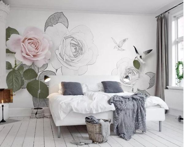 Fonds d'écran Nordic Rose Fleur Papier peint Mural pour salon Chambre à coucher Art de luxe Amélioration de l'habitat Floral Contact Papier personnalisé