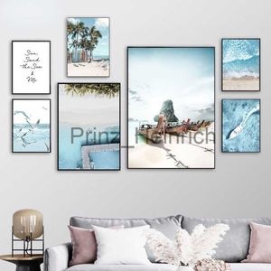 Wallpapers Nordic Zomer Blauwe Oceaan Strand Canvas Poster Seagull Palmboom Speedboot Art Schilderen Thuis Woonkamer Muur Foto Decoratie J230704