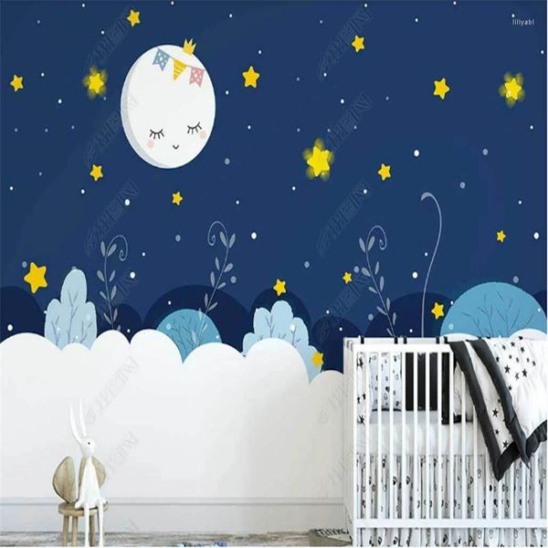 Fonds d'écran Papier peint nordique pour chambre d'enfant Dessin animé Ciel étoilé Lune Nuages Fond d'écran pour enfants Papiers peints de décoration intérieure