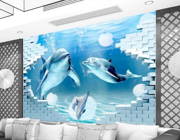 Fonds d'écran Ocean Dolphin 3D Stéréoscopique Papier peint Peintures murales personnalisées Murs