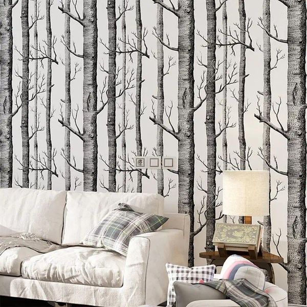 Fonds d'écran P82C Noir Blanc Bouleau Papier Peint Design Moderne Rouleau Nacré Rustique Forêt Bois Chambre Salon Papier Peint Maison 10 X