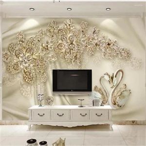 Fonds d'écran Papel De Parede 3D personnalisé papier peint mode or bijoux fleur cygne soie luxe salon TV fond mur décor à la maison murale