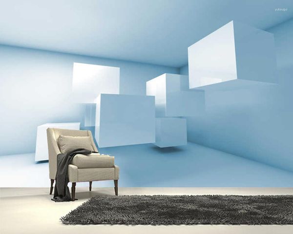 Fondos de pantalla Papel de parede Cubos abstractos en la habitación azul Papel tapiz geométrico 3D Sala de estar TV Pared Dormitorio Papeles Decoración para el hogar