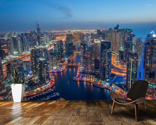 Fonds d'écran Papel De Parede éclairé Dubai Marina la nuit-gratte-ciel 3D papier peint salon chambre papiers peints décor à la maison murale