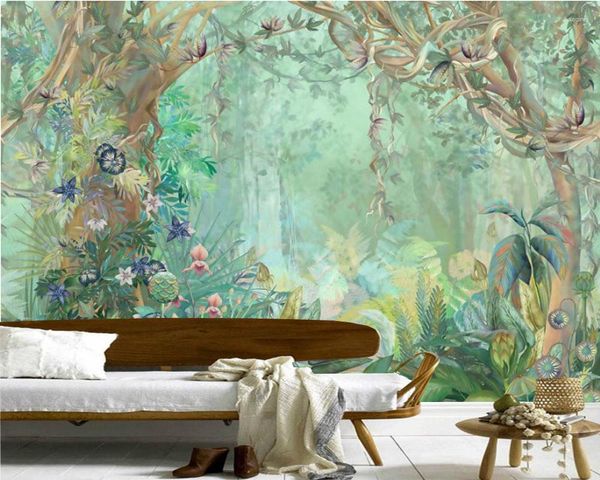 Fonds d'écran Papel De Parede Personnalisé Plante Tropicale Vert Vigne Fleur Oiseau Feuilles Papier Peint Mural Salon Tv Mur Chambre Décor À La Maison