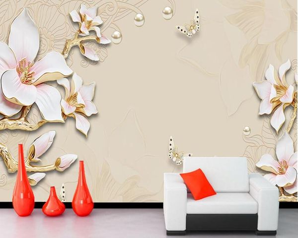 Fondos de pantalla Papel de parede Joyería en relieve Magnolia Estilo chino Papel tapiz 3D Mural para sala de estar TV Sofá Pared Dormitorio Cocina Café