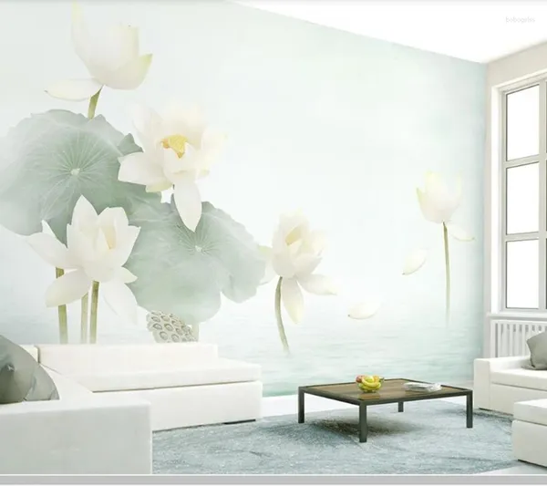 Fondos de pantalla Papel de parede Fresco y elegante Flor de loto Estilo chino Papel tapiz 3D Sala de estar Dormitorio Papeles de pared Decoración para el hogar Mural