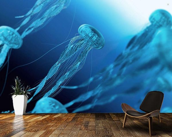 Papiers peints Papel De Parede méduse et le monde sous-marin bleu 3d papier peint Mural, salon Tv mur chambre papiers décor à la maison