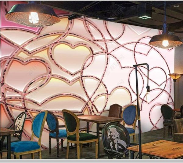 Fonds d'écran Papel De Parede Amour Coeur Forme Créative Moderne 3D Papier Peint Salon Filles Chambre Papiers Peints Décor À La Maison Bar Café Mural