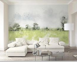 Wallpapers Papel De Parede Nordic Aquarel Groen Landschap Bossen Vogel 3d Behang Woonkamer Slaapkamer Muur Papers Home Decor Muurschildering