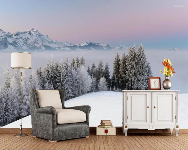 Fonds d'écran Papel de Parede Montagnes d'hiver Arbres de neige Brouillard Nature Po Papier peint Salon Chambre TV Fond Cuisine Murale personnalisée