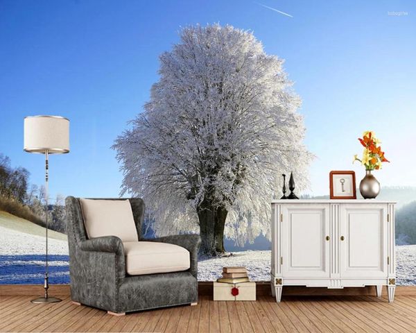 Fondos de pantalla Papel de parede Árboles de invierno Nieve Naturaleza Papel tapiz 3D Mural para sala de estar TV Sofá Pared Dormitorio Papeles Decoración para el hogar Cafe Bar