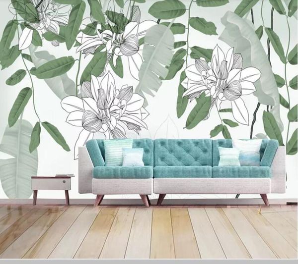 Fonds d'écran Papel De Pareder Dessiné À La Main Plante Tropicale Feuilles Peinture 3D Papier Peint Salon TV Canapé Mur Chambre Papiers Décor À La Maison