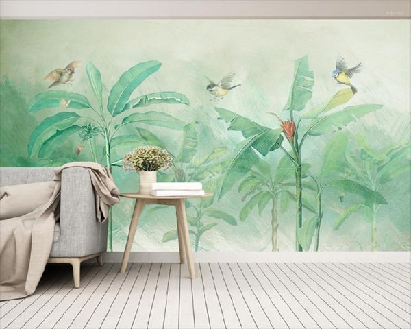 Fonds d'écran Papier Peint personnalisé Fond d'écran nordique simple et frais peint à la main bananier canapé fond décoration murale peinture Behang