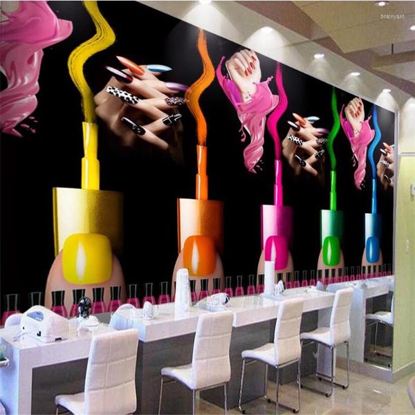 Fondos de pantalla personalizados 3D esmalte de uñas acuarela Graffiti Mural papel tapiz salón de belleza maquillaje tienda fondo negro papel de pared