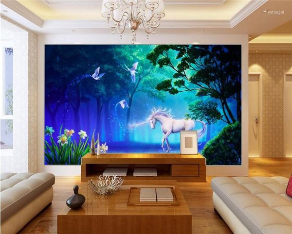 Fondos de pantalla personalización personalizada 3D estéreo cuento de hadas bosque fluorescente caballo blanco Po Mural papel tapiz sala de estar telón de fondo Fresco