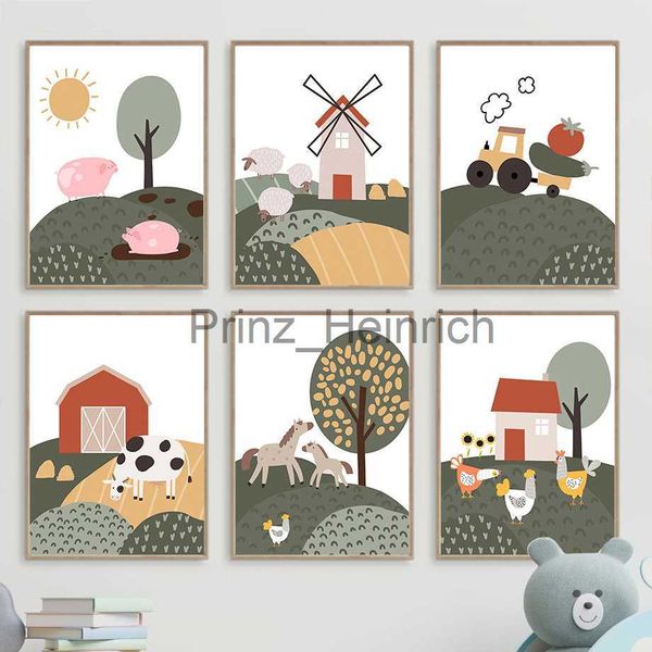 Fondos de pantalla Cerdo Vaca Caballo Pollo Cabina Tractor Vivero Arte de la pared Pintura en lienzo Animales de granja Carteles Impresiones Imágenes Bebé Niños Habitación Decoración J230704