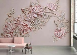 Fonds d'écran Rose Fleur Papier Peint 3D Peintures Murales Peintes À La Main En Relief Rose Décor Toile Impression Art Floral Papier Contact