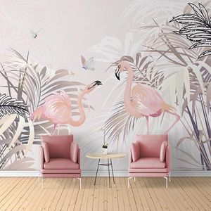 Fonds d'écran Rose Feuille Flamingo Po Mural Personnalisé 3D Papier Peint Pour Chambre D'enfants Filles Chambre Salon Amélioration TV Fond Mur Décor