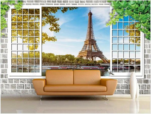 Fondos de pantalla Po Wallpaper 3 D Mural personalizado Vista de la Torre Eiffel desde la ventana Decoración del hogar Sala de estar para paredes en rollos