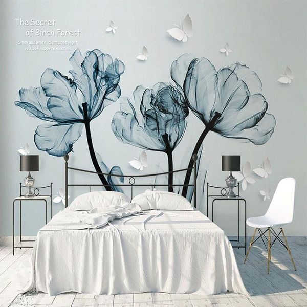 Papel tapiz Po Papel tapiz 3D fantasía flores azules mariposa murales sala De estar TV sofá dormitorio decoración De pared pintura Papel De pared