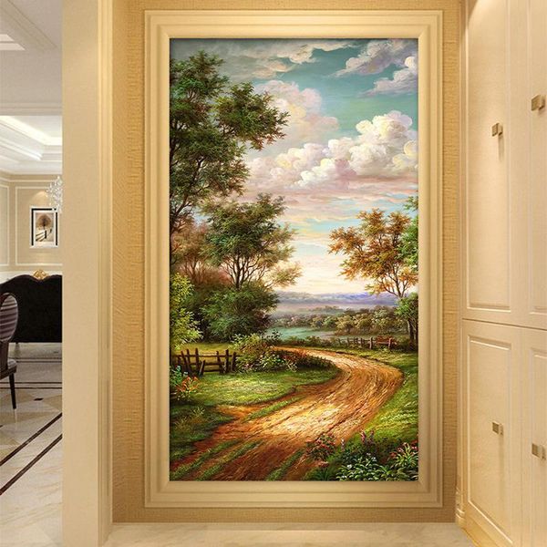 Fonds d'écran Po Papier Peint 3D Pastorale Route De Campagne Paysage Peinture À L'huile Mur Tissu Salon El Entrée Toile De Fond Décor Peintures Murales