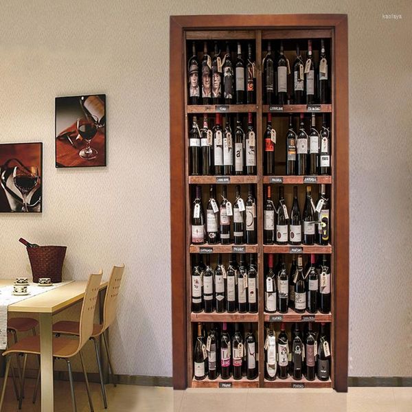 Sfondi PO Wallpaper 3D Bottiglie di vino retrò Adesivo per porta del soggiorno da pranzo Autodesivo Poster impermeabile Decal