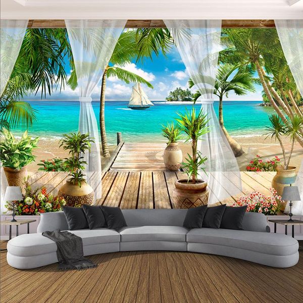 Fonds d'écran Po Fond d'écran 3D Stéréo Balcon Plage Vue sur la mer Peintures murales Tissu mural Moderne Salon Chambre Décor à la maison Papier pour murs