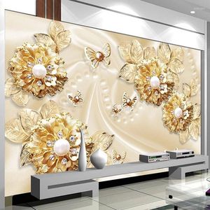 Wallpapers po wallpaper 3d stereo luxe gouden bloem sieraden muurschilderingen woonkamer tv achtergrond muur huis decor zelf kloppende sticker