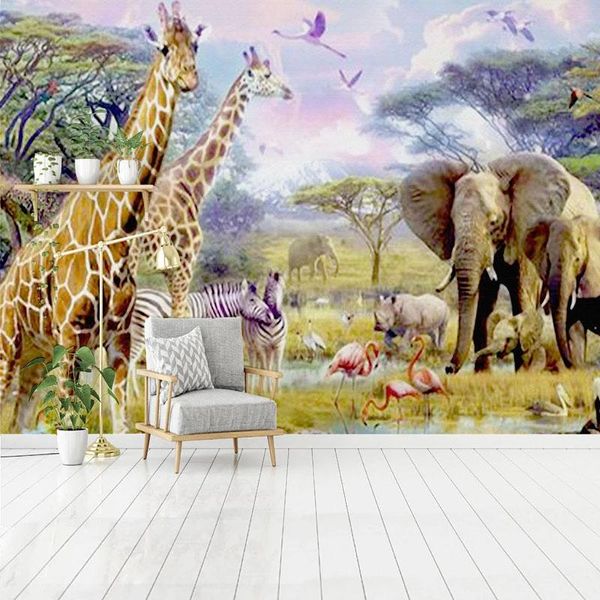 Fondos de pantalla Po Wallpaper 3D Estéreo Zoo Jirafa Elefante Murales Dormitorio de los niños Fondo de la pared PVC Etiqueta autoadhesiva impermeable