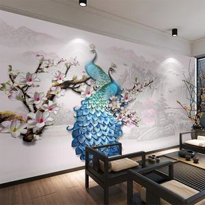 Wallpapers Po Wallpaper European Style Blue Peacock 3D Wall Murals Living Room TV Sofa Achtergrond Papers voor muren Papel de Paredewallpapers