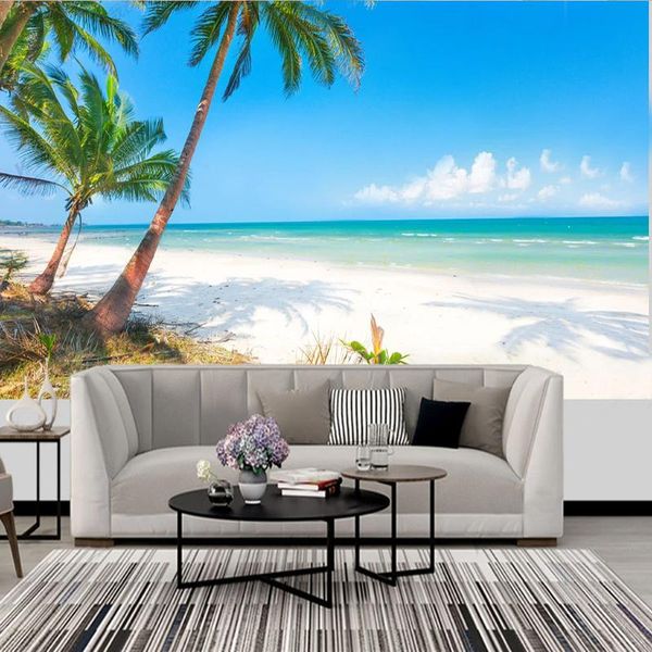 Fonds d'écran Po Papier peint Maldives Sea View Cocotier Paysage Peintures murales Tissu mural Salon TV Canapé Toile de fond Décor à la maison Fresque