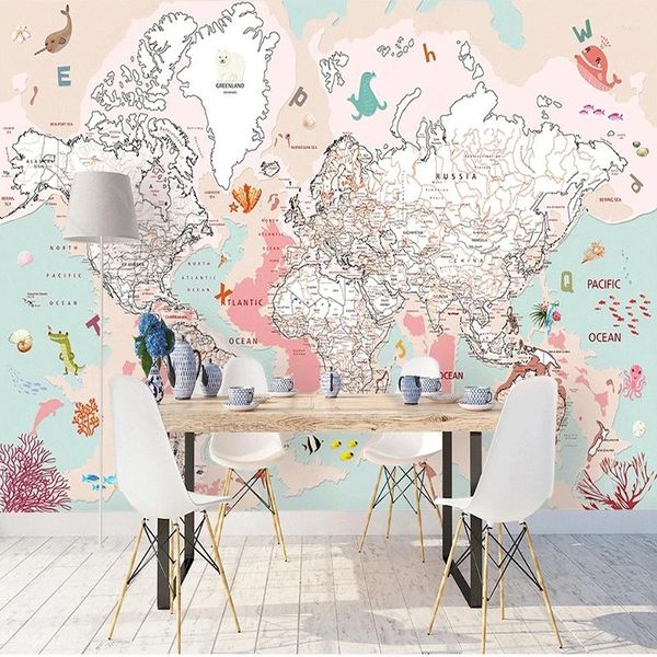 Fondos de pantalla Po papel tapiz nórdico pintado a mano Rosa Animal mapa Mural tela de pared estudio niños dormitorio telón de fondo cubierta