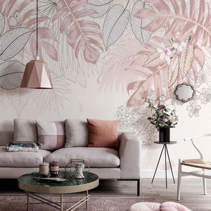 Wallpapers po behang nordic ins handgeschilderde roze tropische planten bladeren binnen woonkamer achtergrond muur muurschildering papel de parede 3D