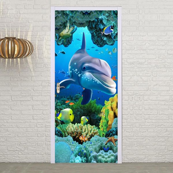 Papiers peints PVC auto-adhésif porte autocollant sous-marin dauphin Mural papier peint salon enfants chambre mur décor à la maison 3D affiches