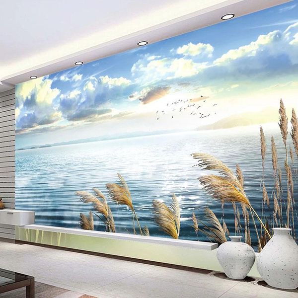 Fonds d'écran PVC auto-adhésif papier peint 3D lac Reed bleu ciel et nuage blanc paysage mural salon TV canapé fond stickers muraux