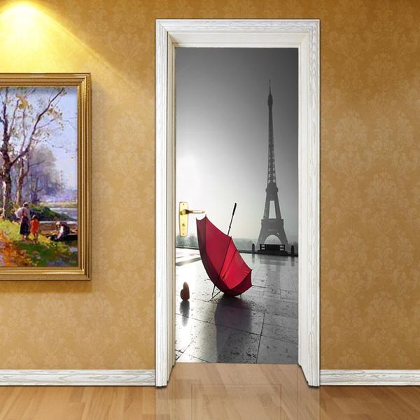 Fonds d'écran PVC Papier Peint Auto-adhésif 3D Stéréoscopique Porte Pâte Tour Eiffel Salon Chambre Creative Décoratif Stickers Muraux