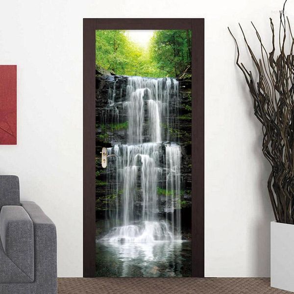 Fondos de pantalla PVC Autoadhesivo Impermeable Etiqueta de la puerta Cascadas clásicas Paisaje Murales Papel tapiz Sala de estar Creativo DIY Pared 3D