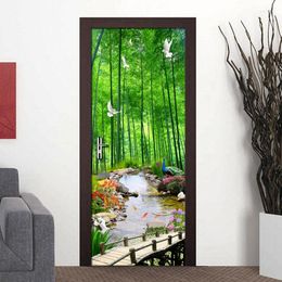 Fonds d'écran PVC Étanche Bambou Forêt Paysage 3D Po Papier Peint Décor À La Maison Moderne Salon Chambre Porte Autocollant Mur Peinture Murale