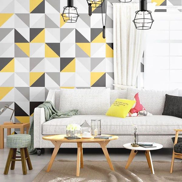 Fonds d'écran amovibles Gris jaune de chambre murale papier peint papier peint Triangles géométriques modernes Geo Impression non auto-adhésive 9,5 m rouleau