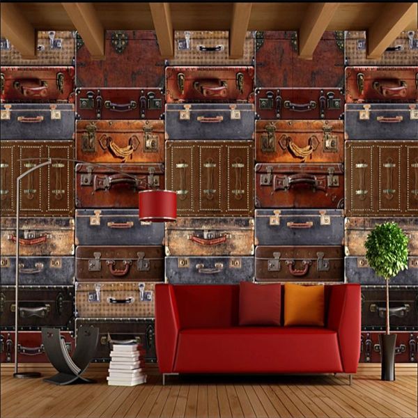 Papeles pintados Retro nostálgico maleta equipaje Fondo Mural Papel tapiz 3D café restaurante Bar decoración Industrial Papel De pared Papel De pared