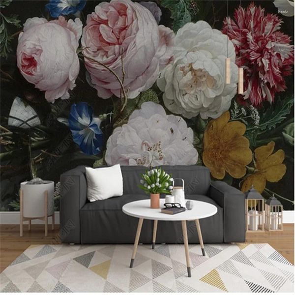 Fonds d'écran Rouleau de style européen rétro 3D papier peint pour murs de chambre à coucher fleurs florales nostalgiques art mural peinture murale salon décor à la maison