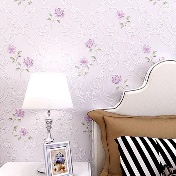 Fondos de pantalla Rosa rústica Floral Papel tapiz no tejido Flor en relieve 3D Papel de contacto texturizado en relieve para habitación de niñas