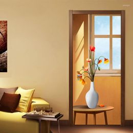Papel tapiz autoadhesivo para puerta pegatina 3D luz solar ventana florero Po papel tapiz sala de estar dormitorio póster PVC impermeable
