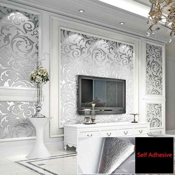 Fonds d'écran auto-adhésifs argent gris victorien damassé papier peint rouleau revêtements muraux Floral luxe Loquat feuille papier décor à la maison