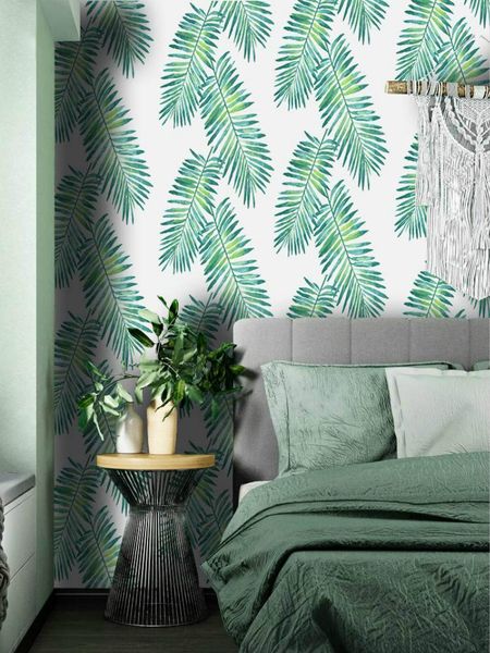 Fondos de pantalla Autoadhesivo Peel And Stick Wallpaper Papel de contacto Tropical Palm Extraíble Verde Blanco Pared colorida